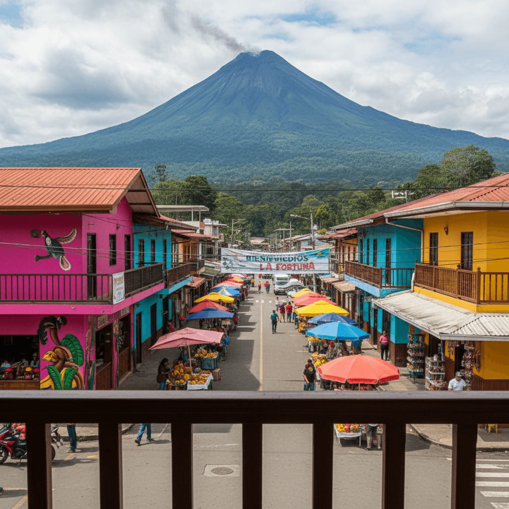 View of downtown La Fortuna with volcano in the distance from a hotel